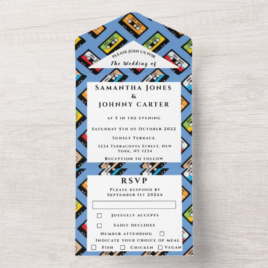 Retro  1980s Cassette Pattern Wedding All In One Uitnodiging (Binnen)