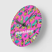 Retro 1980s Neon Pink Blauwgroen Pattern Pop Art M Ronde Klok (Hoek)