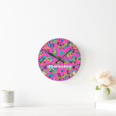 Retro 1980s Neon Pink Blauwgroen Pattern Pop Art M Ronde Klok (Huis)