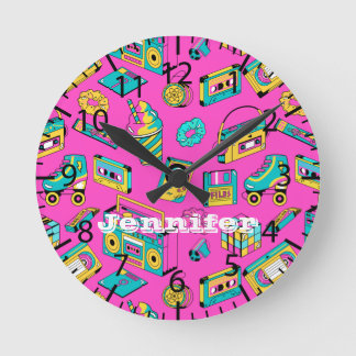 Retro 1980s Neon Pink Blauwgroen Pattern Pop Art M Ronde Klok