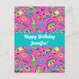 Retro 1980s Neon Pink Bright Pattern  Tech Briefkaart