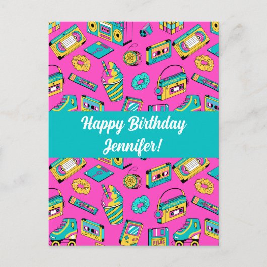 Retro 1980s Neon Pink Bright Pattern  Tech Briefkaart (Voorkant)