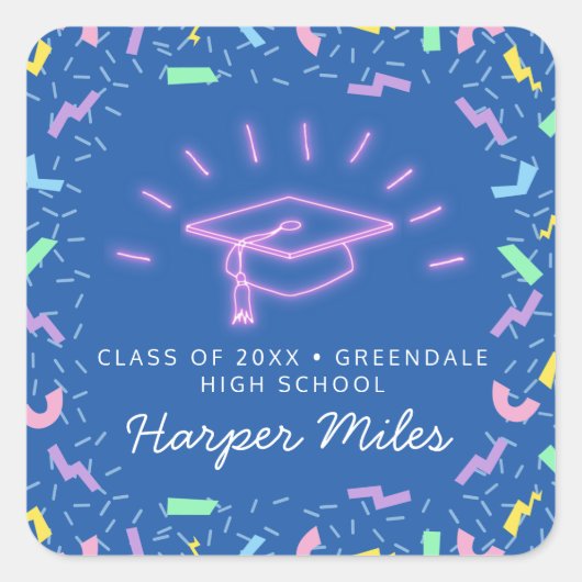 Retro 1980s roze neon afstuderen pet vierkante sticker (Voorkant)