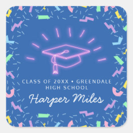 Retro 1980s roze neon afstuderen pet vierkante sticker