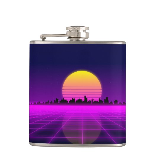 Retro 1980s synthwave gloed neon licht stad heupfles (Voorkant)