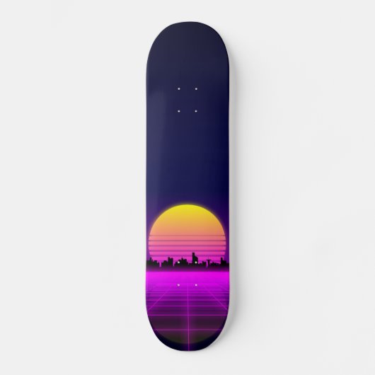 Retro 1980s synthwave gloed neon licht stad persoonlijk skateboard (Voorkant)