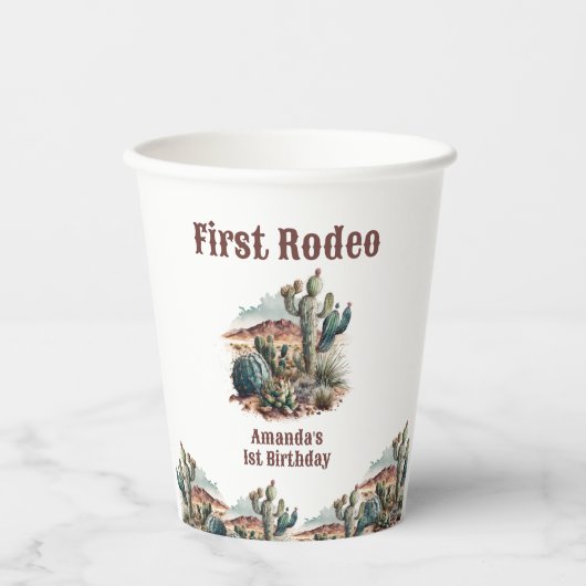 Retro 1e Eerste Rodeo Westerne Cactus Verjaardag Papieren Bekers (Voorkant)