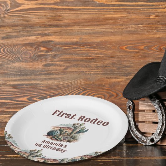 Retro 1e Eerste Rodeo Westerne Cactus Verjaardag Papieren Bordje