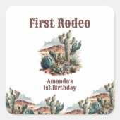 Retro 1e Eerste Rodeo Westerne Cactus Verjaardag Vierkante Sticker (Voorkant)