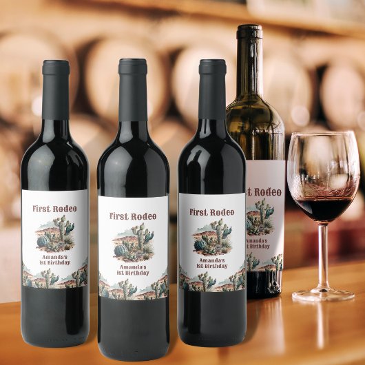 Retro 1e Eerste Rodeo Westerne Cactus Verjaardag Wijn Etiket