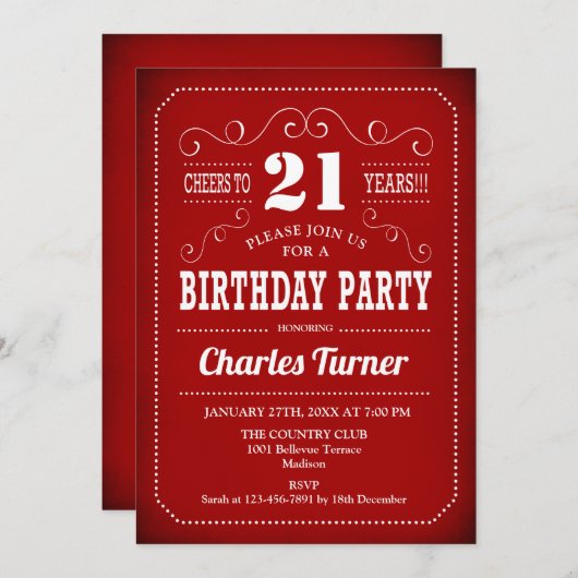 Retro 21st Birthday Party - Red White Kaart (Voorkant / Achterkant)