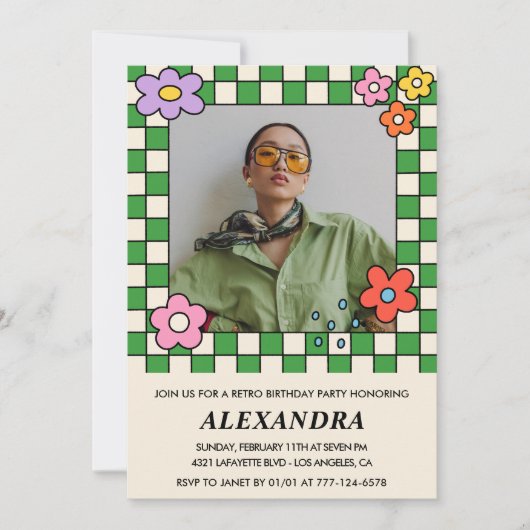 Retro 22e verjaardag uitnodigingen Groovy Flowers (Voorkant)