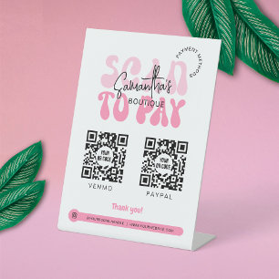 Retro 2 QR Codes Scannen naar Pay Pink & White Sho Reclamebord Met Voetstuk