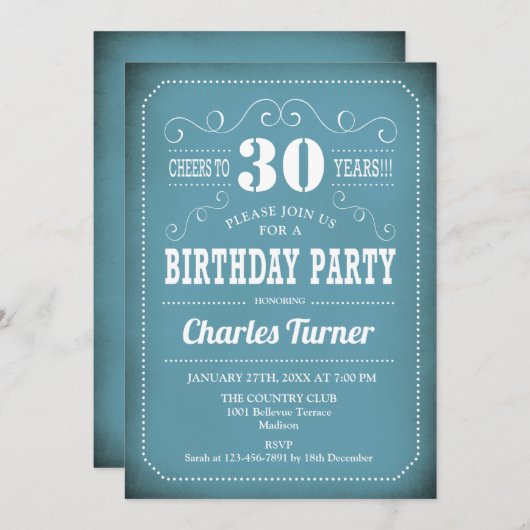 Retro 30e verjaardagsfeestje - Blauw Wit Kaart (Voorkant / Achterkant)