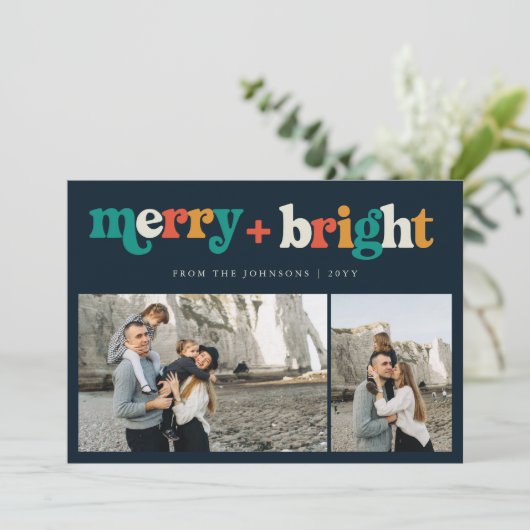 Retro 3 Foto Kleurrijk Vrolijk & Helder Kerstmis Feestdagenkaart (Staand voorkant)