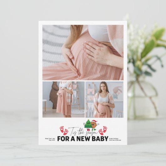 Retro 3 foto Tis het seizoen zwangerschap aangekon Feestdagenkaart (Staand voorkant)