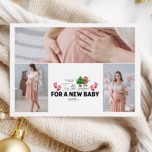Retro 3 Foto 'Tis het Seizoen Zwangerschapsaankond Feestdagenkaart