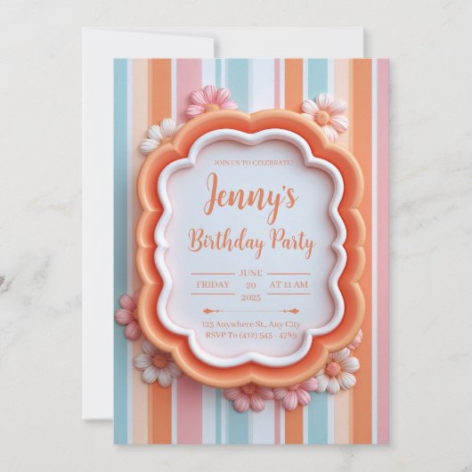 Retro 3D Gom Bloem Gestreept Frame Verjaardag Kaart (Voorkant)