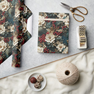 Retro  3D kerstbloemen Cadeaupapier