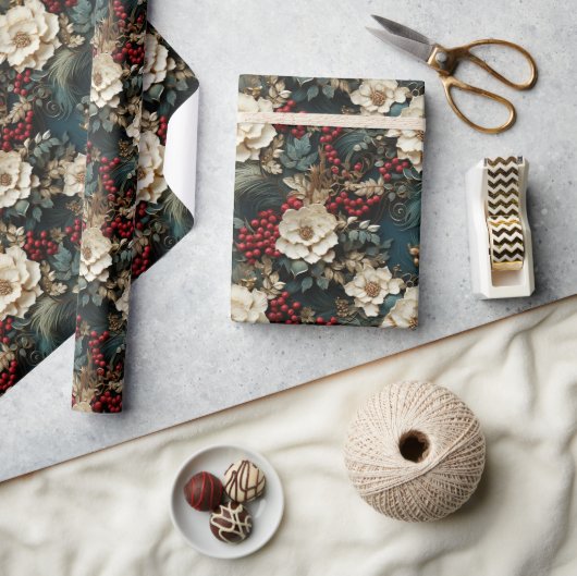 Retro  3D kerstbloemen Cadeaupapier (Crafts)