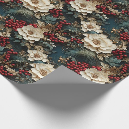 Retro  3D kerstbloemen Cadeaupapier (Hoek)