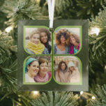 Retro 4 Foto Pinrad Flower Petal Black Green Glas Ornament<br><div class="desc">Stijlvolle fotoversiering in twee toongroen met een foto-collage van de retro-pinwielstijl. Het fotomalplaatje is opstelling voor u om 4 van uw favoriete foto's toe te voegen, die automatisch in de bloembollen vormen worden getoond. Als u om het even welk probleem met de plaatsing van het afbeelding hebt, probeer bebouwend uw...</div>