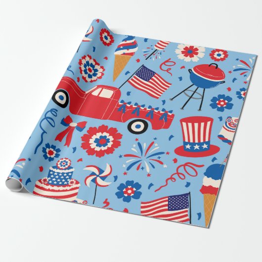 Retro 4 juli viering patroon cadeaupapier (Uitgerold)