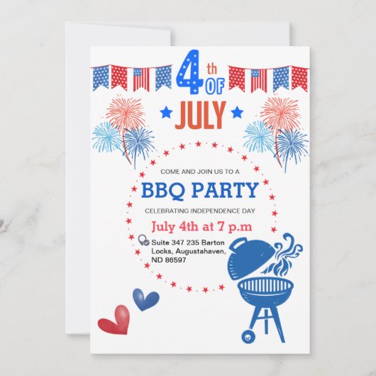 Retro 4e BBQ Rood Wit Blauw Zomer BBQ Party Feestdagenkaart (Voorkant)