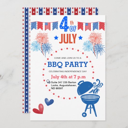 Retro 4e BBQ Rood Wit Blauw Zomer BBQ Party Feestdagenkaart (Voorkant / Achterkant)