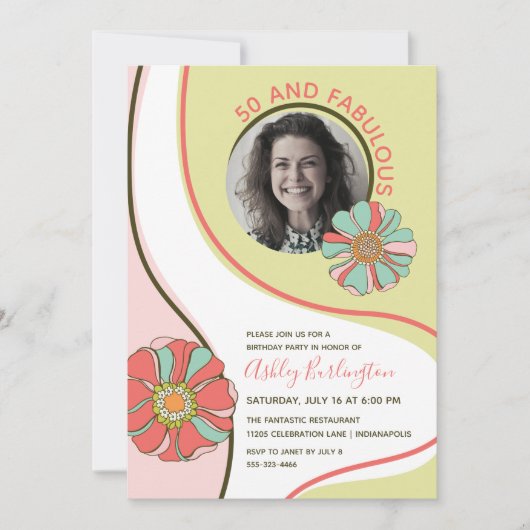 Retro 50 & Fabulous Groovy Floral Photo Invitation Kaart (Voorkant)