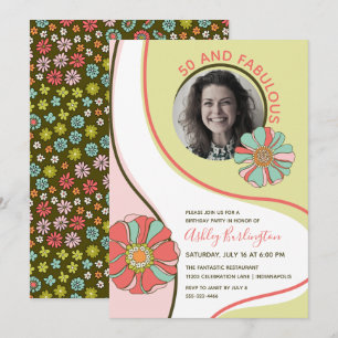 Retro 50 & Fabulous Groovy Floral Photo Invitation Kaart