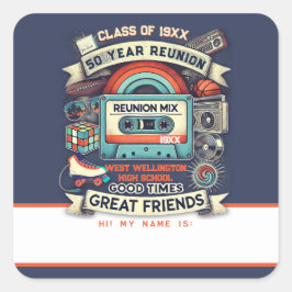Retro 50 Jaar High School Reünie Naam Tag - Blauw Vierkante Sticker