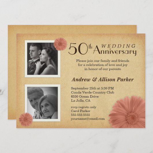 Retro 50e Jubileum Daisy Photo Invitations Kaart (Voorkant / Achterkant)