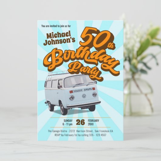 Retro 50e verjaardag klassiek autothema feestje kaart (Staand voorkant)