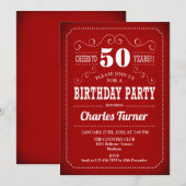 Retro 50e verjaardagsfeestje - rood wit kaart (Voorkant / Achterkant)