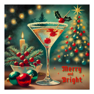 Retro 50er vrolijke helder kerstfeest cocktail mar perfect poster