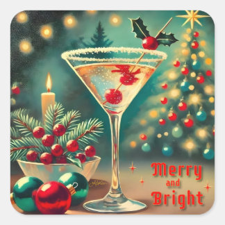 Retro 50er vrolijke helder kerstfeest cocktail mar vierkante sticker
