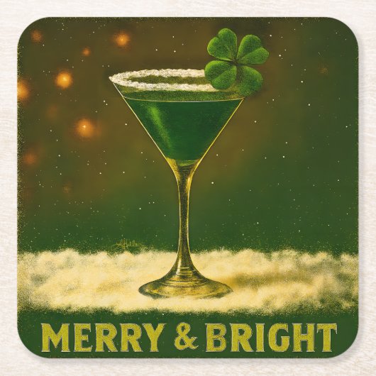 Retro 50s 4 Leaf Clover Ierse Kerst Martini Kartonnen Onderzetters (Voorkant)