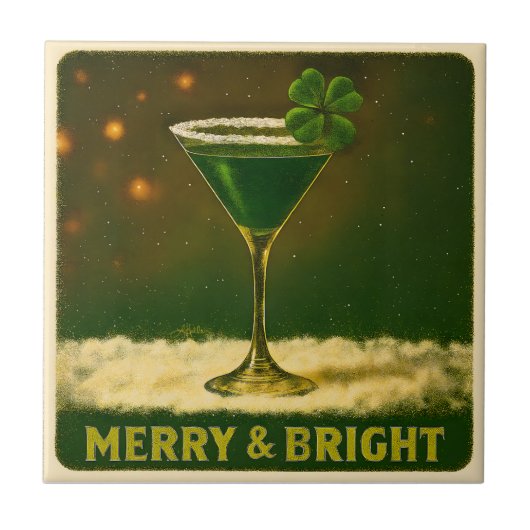 Retro 50s 4 Leaf Clover Ierse Kerst Martini Tegeltje (Voorkant)
