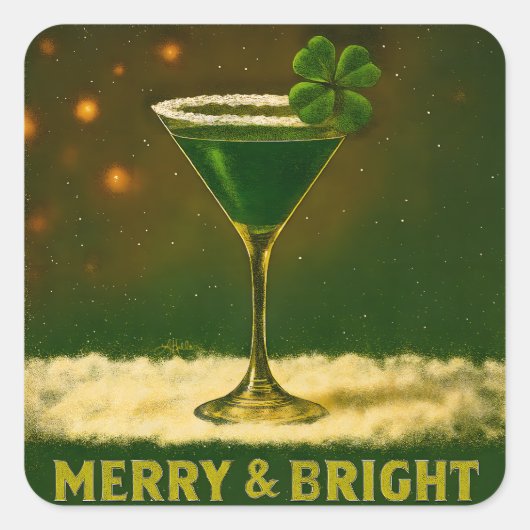 Retro 50s 4 Leaf Clover Ierse Kerst Martini Vierkante Sticker (Voorkant)