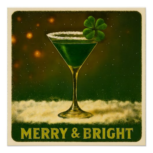 Retro 50s 4 Leaf Clover Irish Christmas Martini Perfect Poster (Voorkant)
