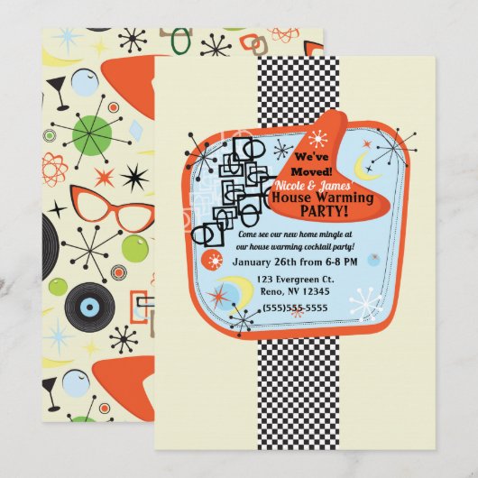 Retro 50's 60's Vintage Housewarming Feest Kaart (Voorkant / Achterkant)