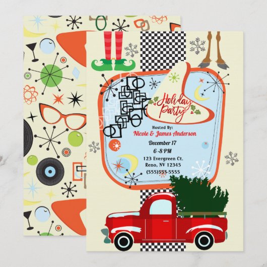 Retro 50's 60's Vintage Kerst Feest Kaart (Voorkant / Achterkant)