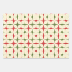 Retro 50s atoomtijdperk kerstastpatronen inpakpapier vel
