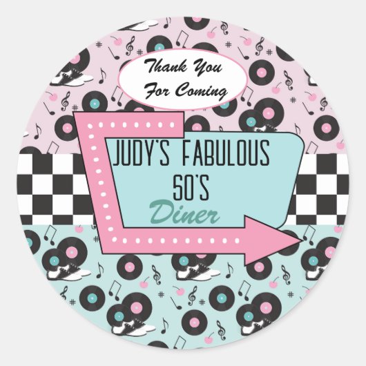Retro 50s Birthday Party Favor Ronde Sticker (Voorkant)
