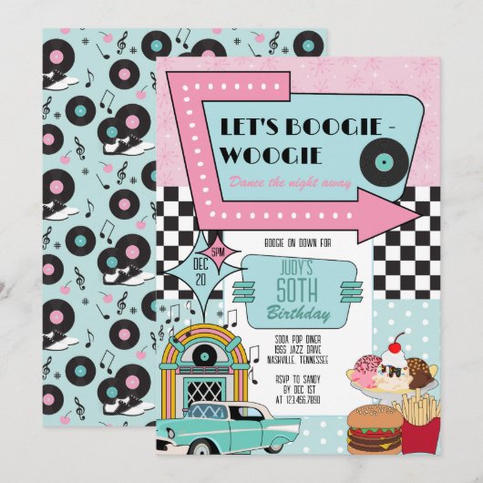 Retro 50s Birthday Party Kaart (Voorkant / Achterkant)