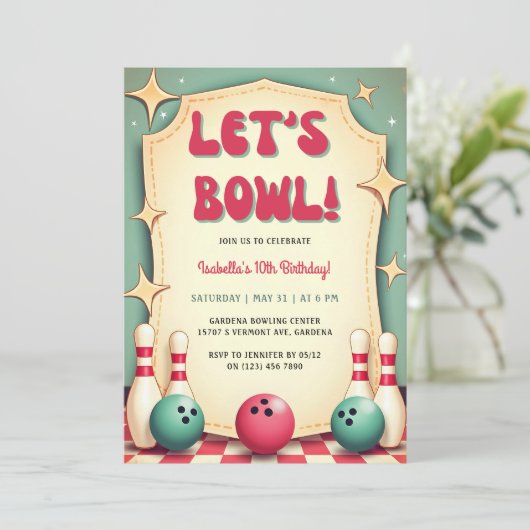 Retro 50s Bowling verjaardagsfeestje Kaart (Staand voorkant)