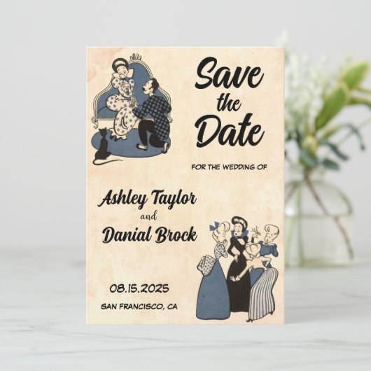  Retro 50s Comic Book Wedding Save the Date Kaart (Staand voorkant)
