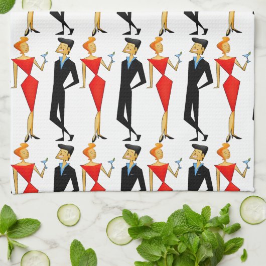 Retro 50s Couple Red Black Cocktails Party Theedoek (Gevouwen)