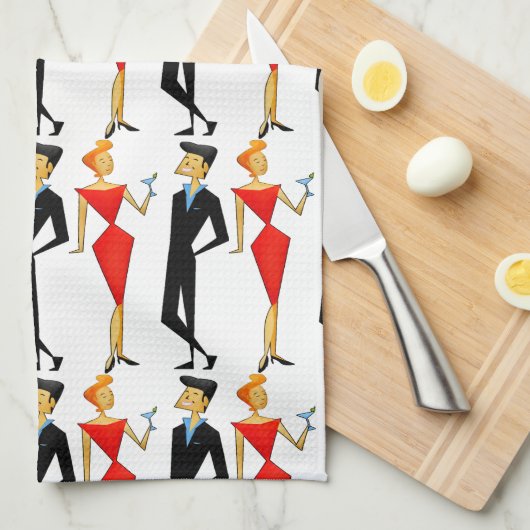 Retro 50s Couple Red Black Cocktails Party Theedoek (Quarter Fold)
